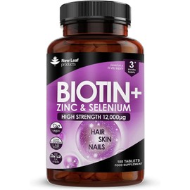 Biotin Hair Growth Vitamins 12,000mcg D-Biotin Tablets Enriched with Zinc & Selenium –Vegan Hair Skin & Nails Vitamins for Women and Men High Strength Hair Vitamins 3 Months Supply UK Made - New Leaf