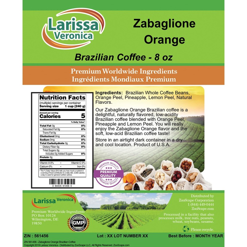 Zabaglione Orange Brazilian Coffee (Gourmet, Naturally Flavored, Whole Coffee Beans)