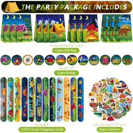 122PCS Camping Party Favors Set, 50 Stickers, 12 Mini Compasses, 12 Button Badges, 12 Mini Notepads, 12 Slap Bracelets, 12 Rubber Bracelets, 12 Goodie Bags for Camper Forest Picnic Adventure