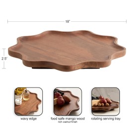 Kate and Laurel Alezar Mango Wood Wavy Round Lazy Susan Tray, 18 Inch Diameter, Walnut Brown, Scalloped Wooden Countertop Organizer with Turning Lazy Susan for Kitchen Storage or Ottoman Tray