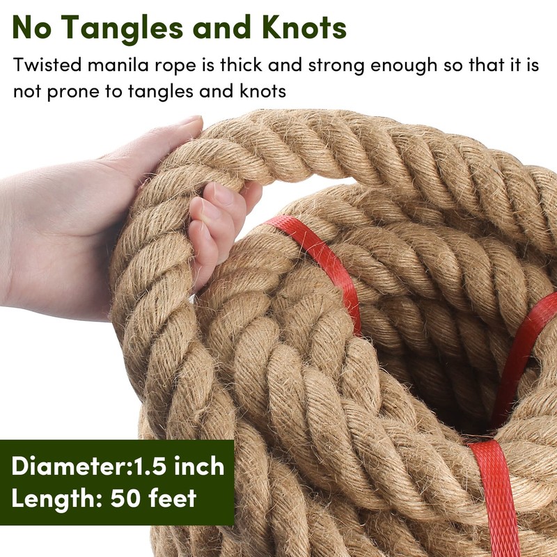 Manila Rope 1.5in x 50ft,Natural Thick Rope,Large Decorative Hemp Ropes