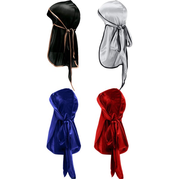 Tatuo 2 Pieces Velvet Durag and 2 Pieces Silky Soft Durag Cap Headwraps with Long Tail and Wide Straps for 360 Waves(Black, Silver, Blue, Red)