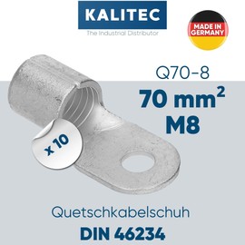 Pack of 10 Kalitec Q70-8 Crimping Cable Lug 70 mm² M8 I Uninsulated I Mandrel Pressing I For Multi-, Fine- and Fine-Strand Conductors I Cable Lug 70 mm² According to DIN 46234