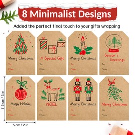Sooez Christmas Gift Tags, 120Pcs Natural Kraft Gift Stickers for Christmas Presents, Self Adhesive to and from Name Tags, Xmas Present Labels for Holiday Wrapping Paper, 8 Designs, 2" x 3", Green