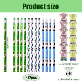 RYAN Pack of 12 Pencils with Eraser and 12 Pieces Football Party Bags Boys Eraser and 12 Pinball Game Football Playing Field Pencils Children for School Stationery Party Gifts