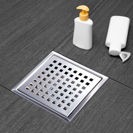 Elefloom Square Shower Drain, Silver Shower Drain 6 inch with Flange and Removeable Grate Cover, AISI 304 Stainless Steel Shower Floor Drain with Hair Catcher and Flange