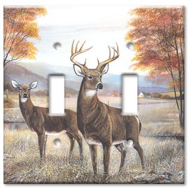 Art Plates - Double Gang Toggle Decorative Metal Wall Plate - White Tail Deer - (Made in USA)