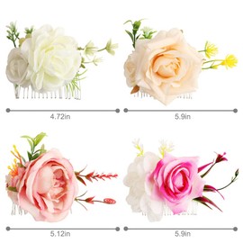 Yangshine 4 Pieces Artificial Flower Metal Hair Combs with Teeth Rose Side Clips Headwear Floral Hairpins Bridesmaid Hair Clips Pink White Champagne Rose Red 15cm