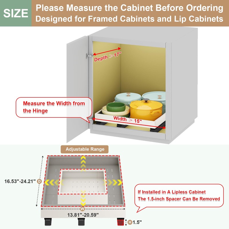 Pull out Cabinet Organizer,Expandable Width(15"-21"),Depth(17"-24") with 3 Rails,Roll out Drawers,No