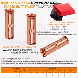 SVAAR 1 Gauge Butt Splice Connectors 10 PCS 1 AWG Non-Insulated Butt Connectors, 1 Ga. Pure Copper Butt Splice Wire Connector, Heavy Duty Uninsulated Crimp Butt Terminals + 10 PCS 3:1 Heat Shrink Tube