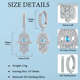 Aniu S925 Sterling Silver Hamsa Earrings with Cubic Zirconia Hand of Fatima Evil Eye Hoop Dangle Drop Earrings December Birthstone Jewelry for Women Birthday Gifts Jewelry