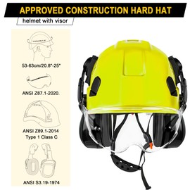 SMASYS Safety Hard Hat with Visor Ear Muffs- Adjustable ABS Climbing Helmet 6-Point Suspension Perfect for Construction Head Protection Hardhats Hear, Green (Green Hard Hat with Clear Visor-Earmuffs)