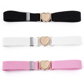 Amusingtao 3 Pcs Cute Heart Kids Belt Set - Adjustable Elastic Belts for Girls & Boys - Stretchy Girls Belt with Heart Buckle (Black/White/Pink) ﻿