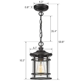 Emliviar Outdoor Hanging Pendant Light - 12 Inch Hanging Lantern for Front Porch, Seeded Glass Shade in Black Finish, XE229H BK