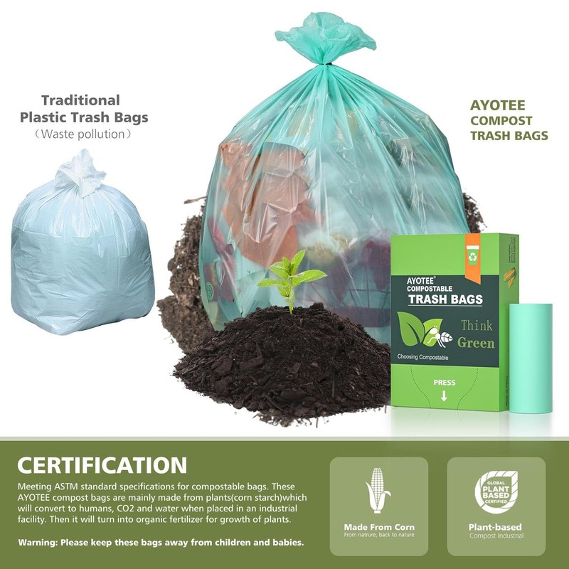 AYOTEE Compostable Trash Bags 13 Gallon Tall Kitchen, 45 Count