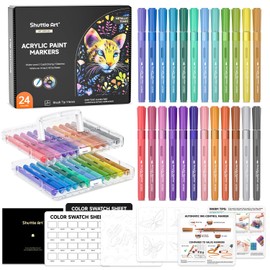 Shuttle Art 24 Metallic Acrylic Pens for Stones, Waterproof, Stones Painting Pens Set with Automatic Ink Control, Acrylic Marker with Brush Tip, Acrylic Pens for Wood, Easter Eggs