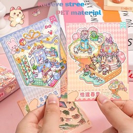 25 Sets 3D House Stickers with Box-Packed,DIY 3D Sticker Scenes Reusable with Tweezers Make Your Own Mini Room Scenes Cute Animal Cinema Bread Workshop Therapy for Adult Relief Stress Pass The Time