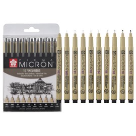 SAKURA Pigma Micron Fineliner Set (Pack of 10) | Waterproof Permanent Black Ink - Assorted Sizes Pens for Writing, Drawing and Diary