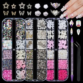 EARLMONI Rhinestones, AB Crystal Nail Gems Pink Opal Nail Rhinestones with Aurora Bubble Beads Pearls Star Heart Bows Nail Charms and Rhinestone Picker Tools for Kwaii Y2K Nail Art Decor - 3 Boxes