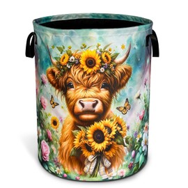 Highland Cow Laundry Basket Brown Longhorn Cattle Oxford Cloth Laundry Hamper With Handle Foldable Portable Clothes Storage Basket 18.9 X 16.5 Inch Storage Bag For Laundry Room/Bathroom/Bedroom
