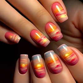 24Pcs Press on Nails Medium Coffin French Tip with Yellow Red Sunset Design Acrylic Nails Fake Nails Thick Glossy Full Cover Glue on Nails Stick on Nails for Women Y544