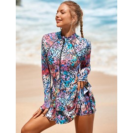 ABAFIP Women's Long Sleeve Rash Guard Swimdress Swimsuit Zipper One Piece Swim Dress Bathing Suit UPF 50 Rainbow Large