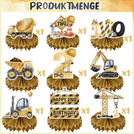OIODDYY Digger Birthday Decoration 2 Years – 9 Pieces Construction Site Birthday Honeycomb Centre Piece Tractor Vehicle Table Decoration Honeycomb for Birthday Decoration 2 Years Boy