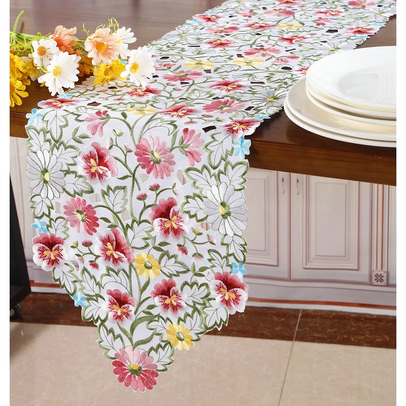 Spring Flower Table Runner Embroidered Flowery Table Placemats Floral Cutwork
