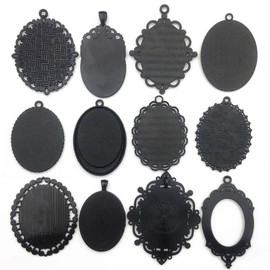 Youdiyla 10pcs 30x40mm Black Pendant Trays, Blank Glass Cabochons Dome Base Setting Bezel Frame Cameo Metal Alloy Charms for Jewelry Making DIY Findings (HM117)