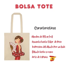 IllustrArte Cotton Bag 38 x 42 cm - Flamenco Design - 135 g/m² - Single Sided Print - Long Handles 60 cm - Beige - Reusable and Holds up to 5 kg, Flamenca Pepa - Beige with single-sided print, M