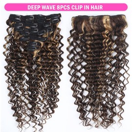 Unipearl Deep Curly Clip-In Real Hair Extensions, 40 cm / 16 Inches, 8 Pieces, 100 g, #4/27 Ombre Brown Hair Extensions for Women, Water Wave Remy Hair Extensions, Clip-In
