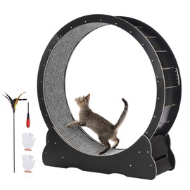 Happybuy Wooden Cat Exercise Wheel, 43.3" Large for Indoor Cats, Cat Running Wheel with Detachable Carpet & Cat Teaser for Running/Walking/Training, Suitable for Most Cats Black