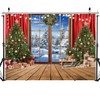 SJOLOON Christmas Backdrop Wood Floor Christmas Tree Backdrop Windows Snow