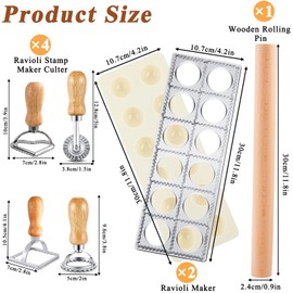 Lainballow 7 Pcs Ravioli Mold Set, Ravioli Maker Press with 1 Wood Rolling Pin, 4 Ravioli Cutter, 12 Holes Ravioli Stamp Pasta Making Kit for Ravioli Pasta Dumpling Meat Pie