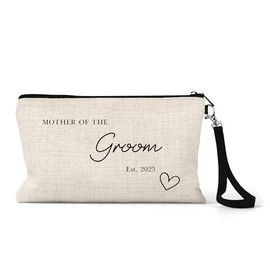 Bride Makeup Bag, Bridal Party Cosmetic Pouch, Hen Party Gifts, Wedding Day Emergency Touch Up Kit, 15 x 24 cm, Linen with Strap, Cream (2025 Mother of The Groom)