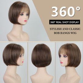 TISHINING Short Brown Mix Blonde Highlight Bob Wig with Bangs for White Women Chin Length Layered Mixed Brown Straight Bob Wig 10 Inch Synthetic Natural Looking Daily Party Wig