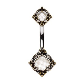 Antique Gold Plated Ornate Filigree Metallic White Gem Center Belly Button Navel Ring
