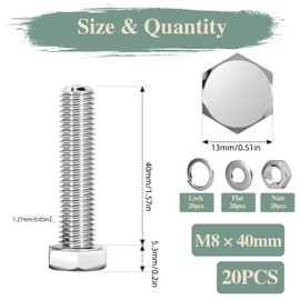 GOHODOMINO M8×40mm Hex Bolts, Nuts, Flat Washers and Lock Washers, 20Pcs, 304 Stainless Steel, Fully Threaded Screw Bolts