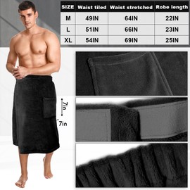 Tudomro 1 Piece Men's Body Wrap Towel L Adjustable Soft Wearable Bath Sauna Towel Spa with Pocket After Shower Terry Bath Wrap for Men Shower Dorm Room Gym(Black)
