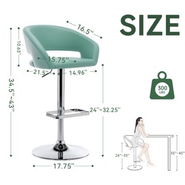 Adjustable Swivel Bar Stool with Arms, Hollow Back & Footrest, Modern PU Leather Counter Height Stools, Gas Lift Bar Chair for Kitchen Island, Home Bar, Dining Room (Mint Green, Chrome Base)