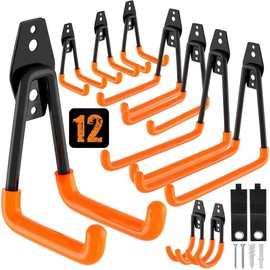 QcoQce 12-Pack Heavy-Duty Garage Storage Hooks with Extension Cord Straps, Wall Mount Tool Organizers for Bikes, Ladders, and Garden Equipment - Color: Orange, Size: 12