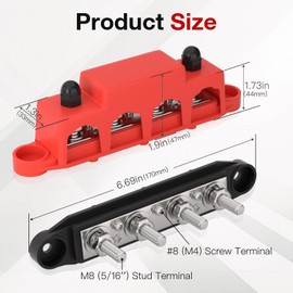 APIELE Bus Bar 12V 250A Power Distribution Block with Cover, 4 x 5/16" Studs Battery Terminal Block for Marine, Automotive, RV, Solar Wiring (M8)