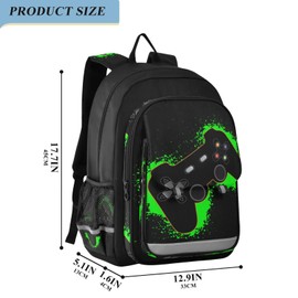 Krafig Green and Black Video Game Backpack Girls Boys Elementary School Bags Bookbags Laptop Backpack Travel Daypack Safe Reflective Stripes