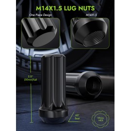 AUTOPTIM M14x1.5 Black Lug Nuts - Replacement for Chevy Silverado 1500, Ram 2500 3500 GMC Sierra Ford F250 8Lug Aftermarket Wheel Nut, 32PCS 7 Spline Closed End Conical Seat Long Nuts with Socket Key