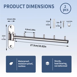 2Pcs Folding Wall Mounted Clothes Hanger Rack, Stainless Steel Clothes Hooks with Swing Arm, 180°Rotation Clothes Hanger for Bathroom