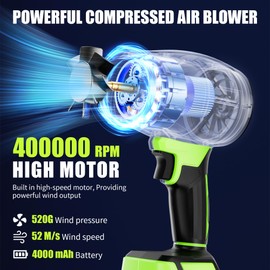 Portable Electric Cordless Leaf Blower – 400000RPM Handheld Turbo Jet Blower with 4.0Ah Batteries & Charger, Variable Speed Lightweight Air Duster for Snow, Lawn, Patio & Dust Cleaning, Green