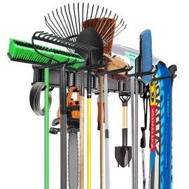 WALMANN Wall Mount Tool Organizer, Mop and Broom Holder, Garage Tools Storage Rack, Heavy Duty Garden Tool Storage Rack, Holds Up to 300 lbs
