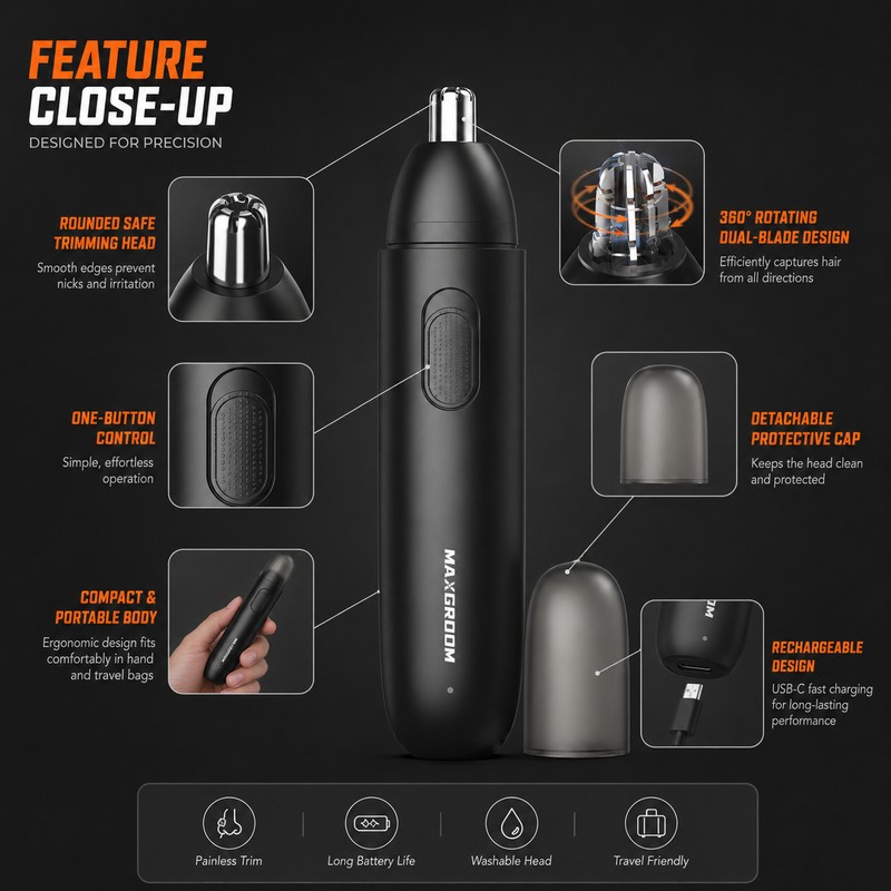 Rechargeable Nose Hair Trimmer for Men – 360° Dual-Blade Electric