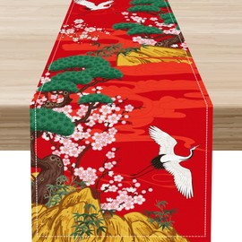 Japanese Table Runner, Cherry Blossom Asian Pine Tree Crane Birds Anime Nature Vintage Asian Oriental Chinese Red Elegant Table Center Decor for Home Kitchen Dining Patio Indoor Outdoor, 13"x72" Inch