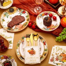 Funtery 264 Pcs Thanksgiving Plates Napkins Disposable Cutlery Holder Set Thanksgiving Centerpieces for Table Decoration Dinner Autumn Leaves Fall Harvest Wedding Decoration